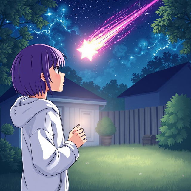 A purple-haired manga teenage girl in a white hoodie watches as a comet falls into her backyard