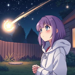 A purple-haired manga teenage girl in a white hoodie watches as a comet falls into her backyard