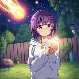 A purple-haired manga teenage girl in a white hoodie watches as a comet falls into her backyard