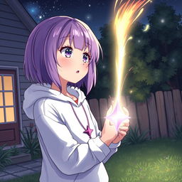 A purple-haired manga teenage girl in a white hoodie watches as a comet falls into her backyard