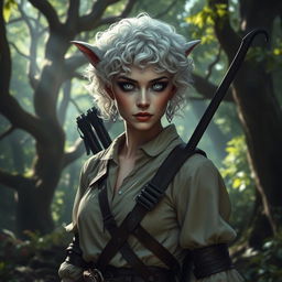 A changeling ranger stands in a mystical forest, with curly short white hair and piercing white eyes that are alert and captivating