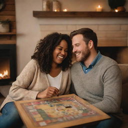 A homey, warm vignette showcasing a happily married couple enjoying a quiet evening together. They're cozy on the couch, laughing over a board game, with a brightly lit fireplace in the background.