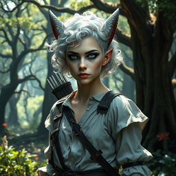 A changeling ranger stands in a mystical forest, with curly short white hair and piercing white eyes that are alert and captivating