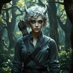 A changeling ranger stands in a mystical forest, with curly short white hair and piercing white eyes that are alert and captivating