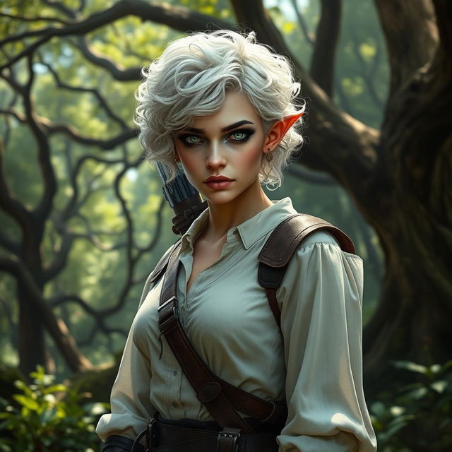 A changeling ranger stands in a mystical forest, with curly short white hair and piercing white eyes that are alert and captivating