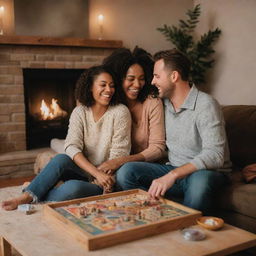 A homey, warm vignette showcasing a happily married couple enjoying a quiet evening together. They're cozy on the couch, laughing over a board game, with a brightly lit fireplace in the background.