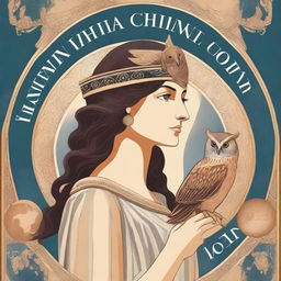 A book cover depicting the Greek goddess Athena with her owl perched on her shoulder, both gazing at planet Earth