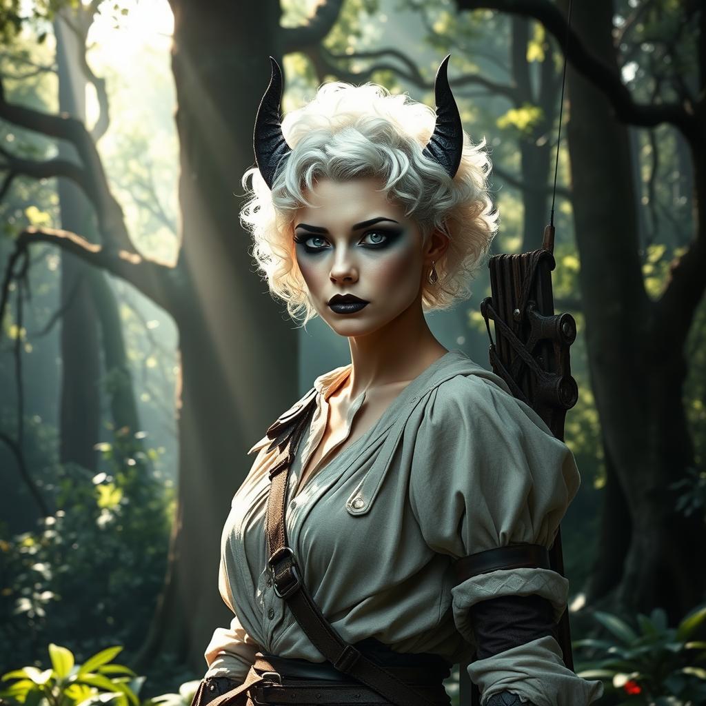 A changeling ranger stands in a mystical forest, featuring curly short white hair and piercing white eyes that exude mystery