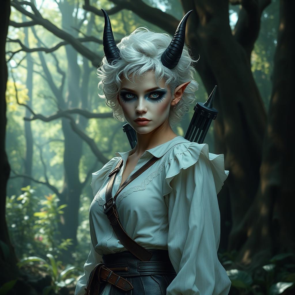 A changeling ranger stands in a mystical forest, featuring curly short white hair and piercing white eyes that exude mystery