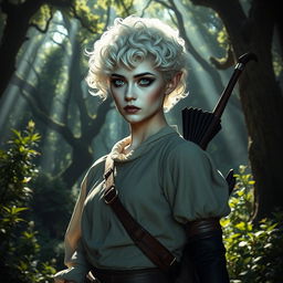 A changeling ranger stands in a mystical forest, featuring curly short white hair and piercing white eyes that exude mystery