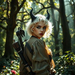 A changeling ranger stands in a mystical forest, featuring curly short white hair and piercing white eyes that exude mystery