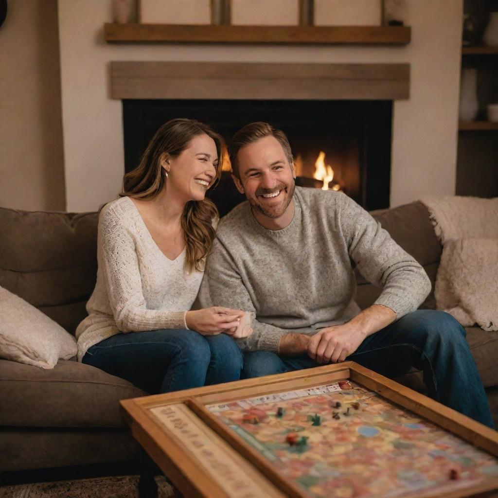 A homey, warm vignette showcasing a happily married couple enjoying a quiet evening together. They're cozy on the couch, laughing over a board game, with a brightly lit fireplace in the background.