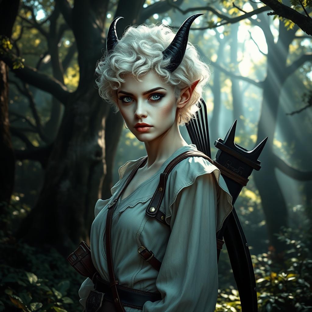 A changeling ranger stands in a mystical forest, with curly short white hair and piercing white eyes that exude an otherworldly aura