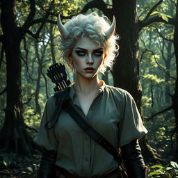 A changeling ranger stands in a mystical forest, with curly short white hair and piercing white eyes that exude an otherworldly aura