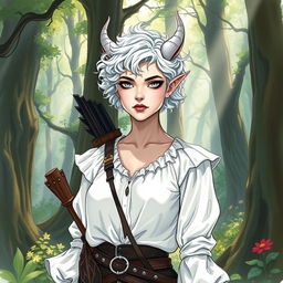 A changeling ranger stands in a mystical forest, depicted in a watercolor sketch style reminiscent of Dungeons and Dragons artwork