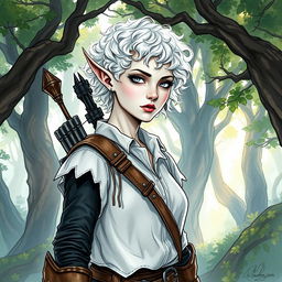 A changeling ranger stands in a mystical forest, depicted in a watercolor sketch style reminiscent of Dungeons and Dragons artwork