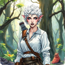 A changeling ranger stands in a mystical forest, depicted in a watercolor sketch style reminiscent of Dungeons and Dragons artwork