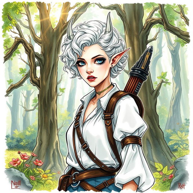 A changeling ranger stands in a mystical forest, depicted in a watercolor sketch style reminiscent of Dungeons and Dragons artwork