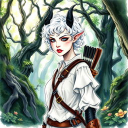 A watercolor sketch design of a changeling ranger from Dungeons and Dragons, standing in a mystical forest