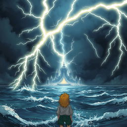 A yellow-haired manga teenager watches in awe as an evil goddess creates a lightning storm