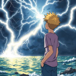 A yellow-haired manga teenager watches in awe as an evil goddess creates a lightning storm