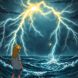 A yellow-haired manga teenager watches in awe as an evil goddess creates a lightning storm