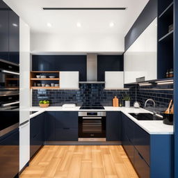 A modern kitchen featuring a sleek design with dark blue, white, black, and wood elements