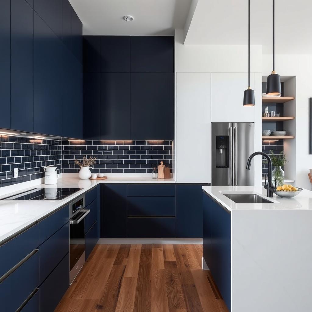 A modern kitchen featuring a sleek design with dark blue, white, black, and wood elements