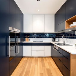 A modern kitchen featuring a sleek design with dark blue, white, black, and wood elements