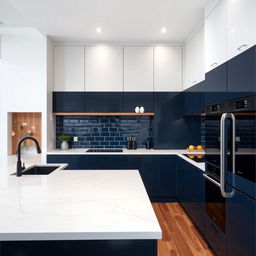 A modern kitchen featuring a sleek design with dark blue, white, black, and wood elements