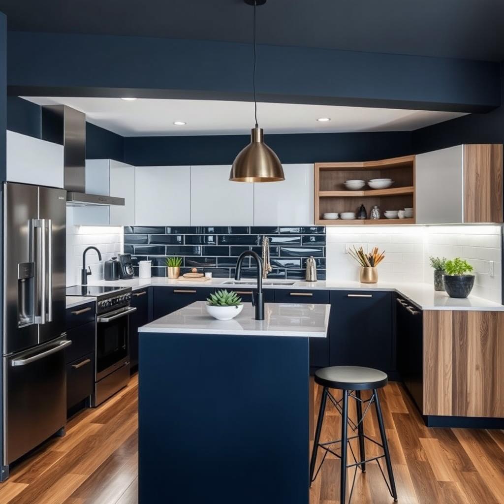 Design a modern kitchen without changing the furniture, using dark blue, white, black, and wood colors