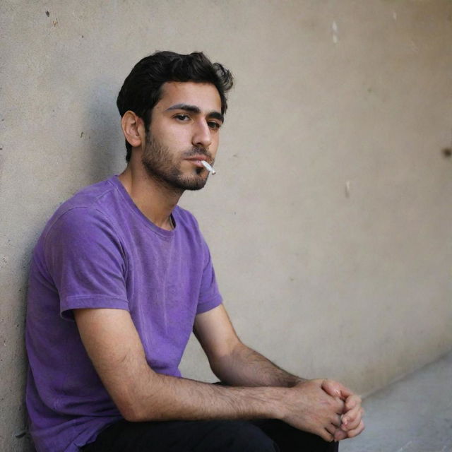 A 25-year-old Iranian man in a purple t-shirt and black pants, sitting behind a wall, smoking in a contemplative manner.