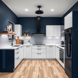 Design a modern kitchen without changing the furniture, using dark blue, white, black, and wood colors