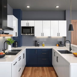 Design a modern kitchen without changing the furniture, using dark blue, white, black, and wood colors