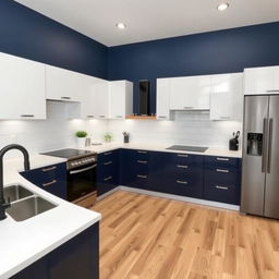 Design a modern kitchen without changing the furniture, using dark blue, white, black, and wood colors