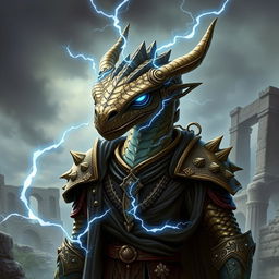 A noble metallic bronze-scaled Dragonborn from Dungeons & Dragons with striking blue eyes and electricity surrounding him