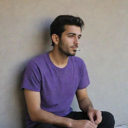 A 25-year-old Iranian man in a purple t-shirt and black pants, sitting behind a wall, smoking in a contemplative manner.