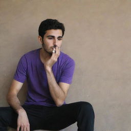 A 25-year-old Iranian man in a purple t-shirt and black pants, sitting behind a wall, smoking in a contemplative manner.