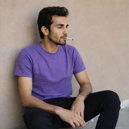 A 25-year-old Iranian man in a purple t-shirt and black pants, sitting behind a wall, smoking in a contemplative manner.