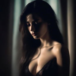 A mysterious and alluring figure whispering in the dark, with shadows and soft lighting creating an intimate and slightly eerie atmosphere