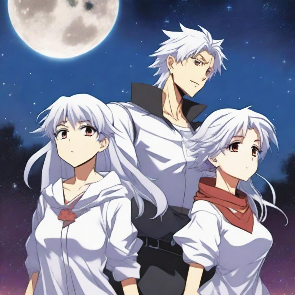 A white-haired manga adult with red eyes and a cool, determined expression flies towards the moon with his two siblings, Midtoxic and Luna