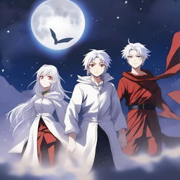 A white-haired manga adult with red eyes and a cool, determined expression flies towards the moon with his two siblings, Midtoxic and Luna