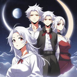 A white-haired manga adult with red eyes and a cool, determined expression flies towards the moon with his two siblings, Midtoxic and Luna