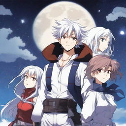 A white-haired manga adult with red eyes and a cool, determined expression flies towards the moon with his two siblings, Midtoxic and Luna