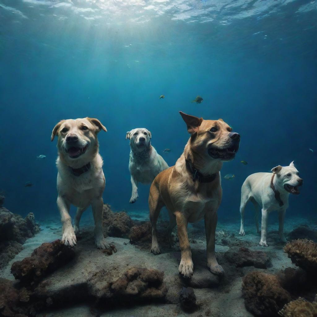 Five dogs exploring an underwater world in a planet made entirely of sea