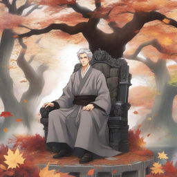 A gray-haired manga adult sits on his throne in a realm of autumn leaves