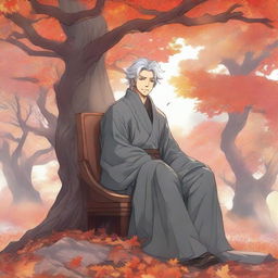 A gray-haired manga adult sits on his throne in a realm of autumn leaves