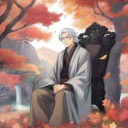 A gray-haired manga adult sits on his throne in a realm of autumn leaves