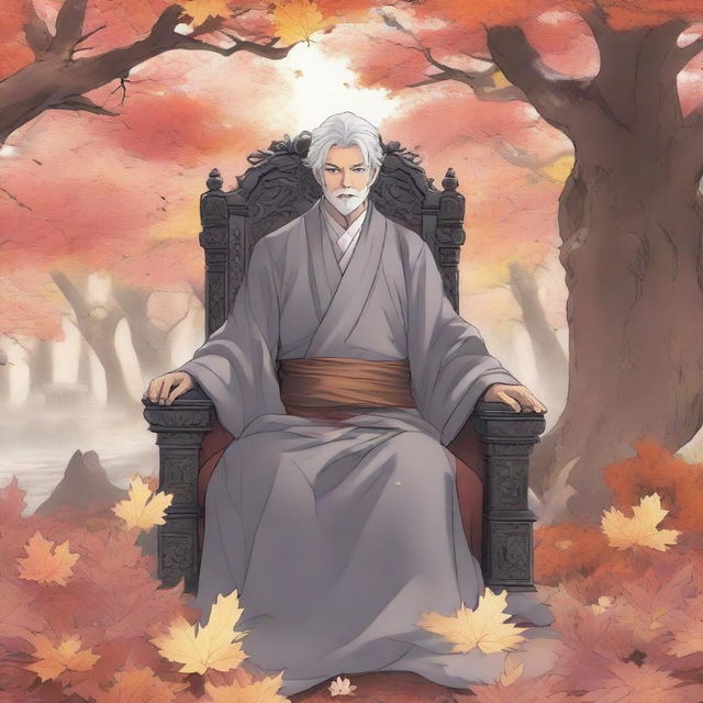 A gray-haired manga adult sits on his throne in a realm of autumn leaves