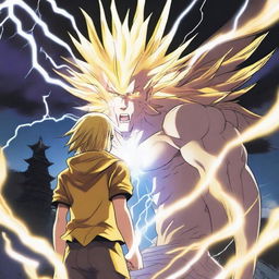 A yellow-haired manga teenager watches in awe as an evil goddess creates a lightning storm